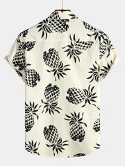 Men's Cotton Pineapple Print Summer Hawaiian Beach Beige Button Up Short Sleeve Shirt