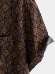 Men's Retro Brown Geometric Print Pocket Short Sleeve Shirt