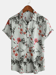 Men's Retro Red Blossom Holiday Summer Short Sleeve Shirt