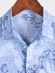 Men's Blue Floral Print Retro Short Sleeve Shirt