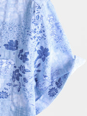 Men's Blue Floral Print Retro Short Sleeve Shirt