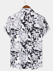 Men's Tropical White Floral Button Up Short Sleeve Shirt