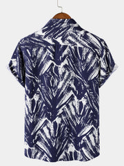 Men's Navy Blue Abstract Geometric Print Short Sleeve Shirt