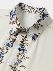 Men’s Cream with Blue Floral Vine Casual Summer Short Sleeve Shirt