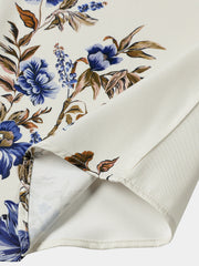 Men’s Cream with Blue Floral Vine Casual Summer Short Sleeve Shirt