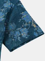 Men’s Blue Watercolor Floral Print Casual Short Sleeve Shirt