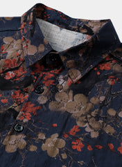 Men’s Navy Blue Artistic Floral Print Casual Short Sleeve Shirt