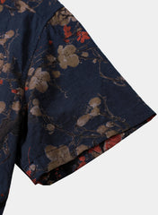 Men’s Navy Blue Artistic Floral Print Casual Short Sleeve Shirt