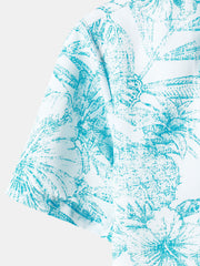 Men‘s Blue Tropical Print Hawaiian Pocket Casual Aloha Shirt