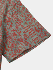 Men's Rayon Geometric Tribal Print Boho Short Sleeve Shirt
