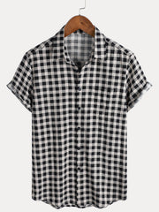 Men's Black Check Print Cotton Pocket Short Sleeve Shirt