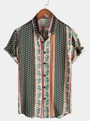 Men's Striped Elephant Print Retro Button Up Green Top Short Sleeve Shirt