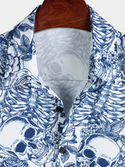 Men's Blue Flower Skull Graphic Button Up Short Sleeve Punk Rock Art Shirt