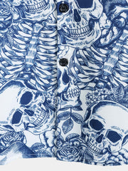 Men's Blue Flower Skull Graphic Button Up Short Sleeve Punk Rock Art Shirt