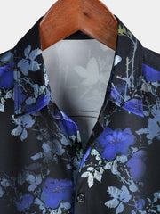 Men's Blue Rose Hawaiian Floral Print Short Sleeve Shirt
