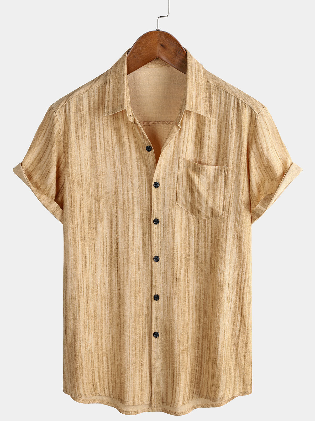 Men's Breathable Short Sleeve Pocket Khaki Striped Shirt
