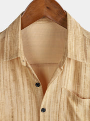 Men's Breathable Short Sleeve Pocket Khaki Striped Shirt
