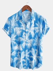 Men's Blue Tropical Print Beach Short Sleeve Shirt
