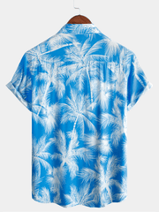 Men's Blue Tropical Print Beach Short Sleeve Shirt