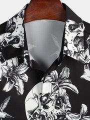 Men's Skull Hummingbird Punk Rocker Cool Rock Button Up Short Sleeve Black Hawaiian Shirt