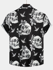 Men's Skull Hummingbird Punk Rocker Cool Rock Button Up Short Sleeve Black Hawaiian Shirt