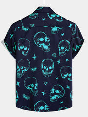 Men's Blue Skull Print Art Graphic Button Short Sleeve Aloha Hawaiian Shirt