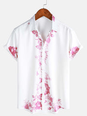 Men's Pink Floral Print Hawaiian Button Up Summer Beach Casual Collar Short Sleeve Shirt