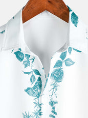 Men's Green Floral Print Hawaiian Button Up Summer Beach Casual Collar Short Sleeve Shirt