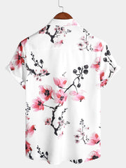 Men's Casual Pink Floral Print Summer Button Up Flower Short Sleeve Cherry Blossom Shirt