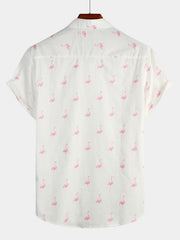 Men's Pink Flamingo Print Short Sleeve Button Up Shirt