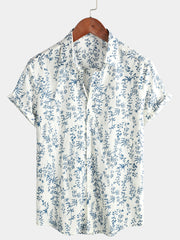 Men's Cotton Floral Button Up Summer Short Sleeve Shirt