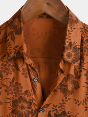 Men's Brown Floral Print Vintage Flower Holiday Breathable Short Sleeve Button Up Shirt