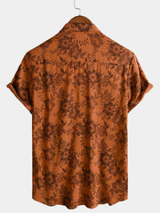 Men's Brown Floral Print Vintage Flower Holiday Breathable Short Sleeve Button Up Shirt