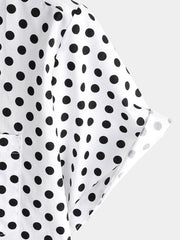Men's Cotton Casual Polka Dot Summer White Pocket Short Sleeve Shirt