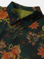 Men’s Summer Beach Vintage Dark Green Floral Casual Breathable Short Sleeve Shirt