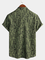 Men's Green Cotton Hawaiian Summer Vintage Floral Holiday Cruise Short Sleeve Button Up Shirt