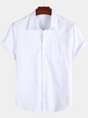 Men's Solid Color Linen Cotton Pocket Casual Button Short Sleeve Shirt