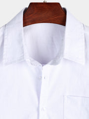 Men's Solid Color Linen Cotton Pocket Casual Button Short Sleeve Shirt