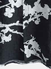 Men's Black and White Hawaiian Floral Breathable Cotton Casual Button Down Shirt