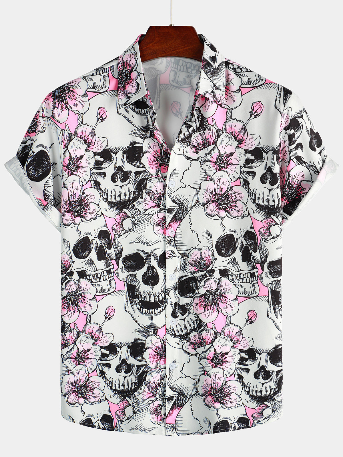 Men's Skull Pink Flowers Button Up Short Sleeve Shirt