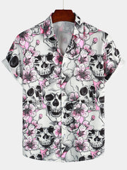 Men's Skull Pink Flowers Button Up Short Sleeve Shirt