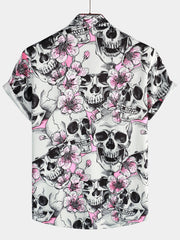 Men's Skull Pink Flowers Button Up Short Sleeve Shirt