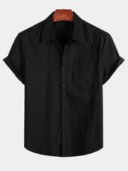 Men's Solid Color Linen Cotton Pocket Casual Button Short Sleeve Shirt