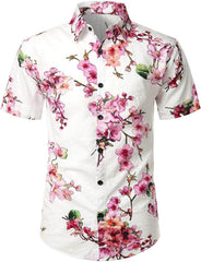 Men's Flower Print Cotton Hawaiian Short Sleeve Shirt