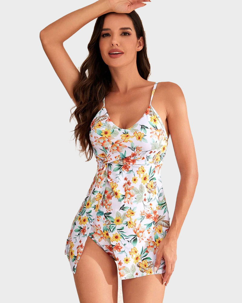 Tummy Control V Neck Twist Knot Tropical Skirted Swimdress - view 7