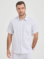 Men's Solid Color Linen Cotton Pocket Casual Button Short Sleeve Shirt