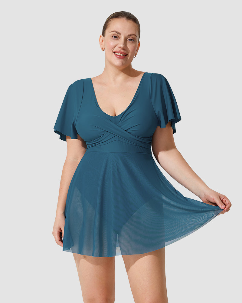 Plus Size Full Coverage Ruffle Swimdress - view 14