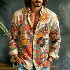 Men's Fun Hippie Guitar Record Train Mushroom Print Long-sleeve Shirt