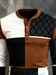 Men's Retro Stitching Contrast Color Henley Collar Long Sleeve T-Shirt
