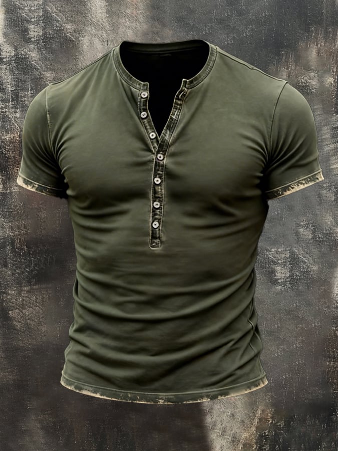 Men'S Vintage Distressed Henley Collar Short-Sleeved Top